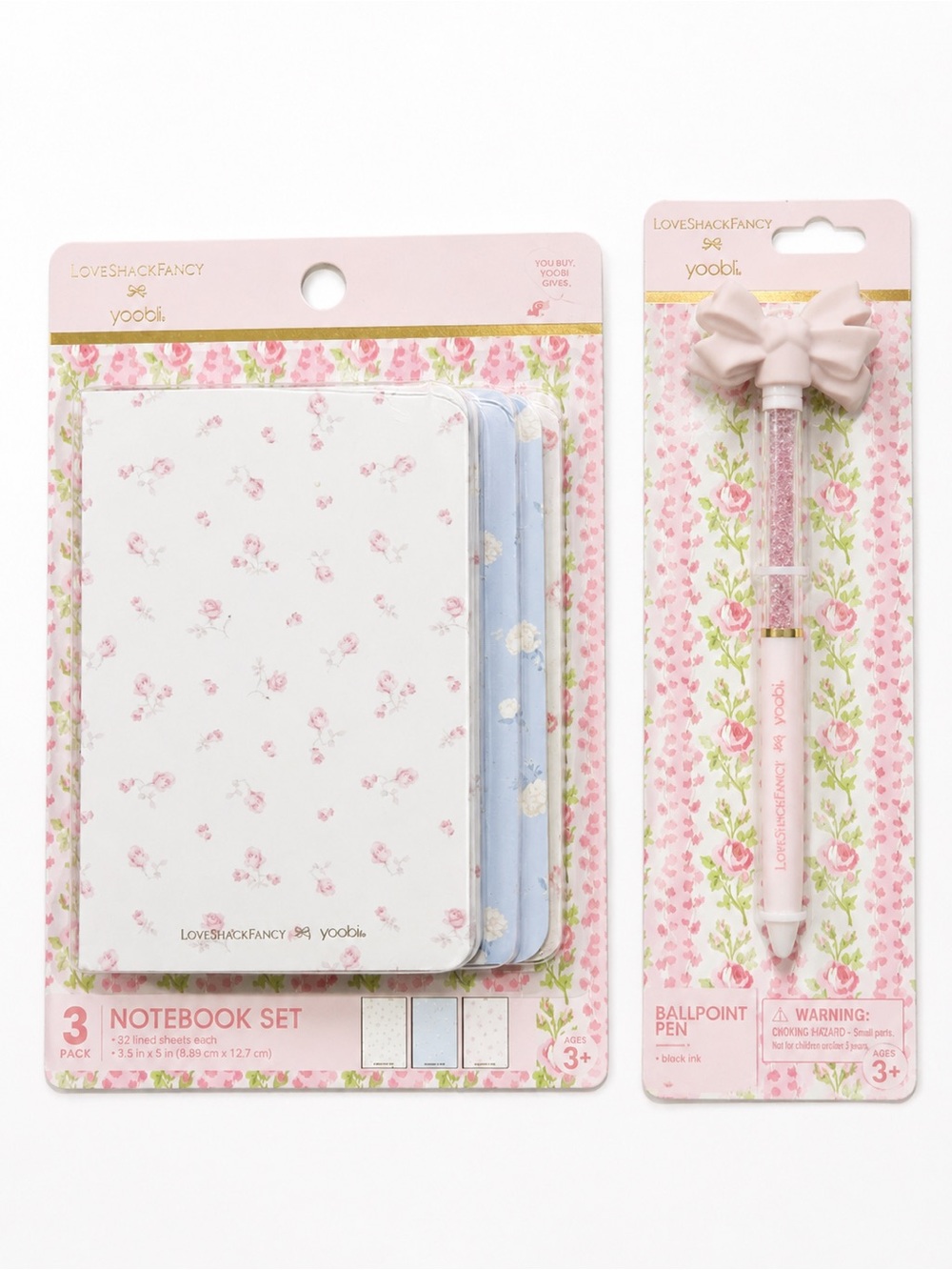 LoveShackFancy 3 pk Mini Journals, Pink bow Pen Set